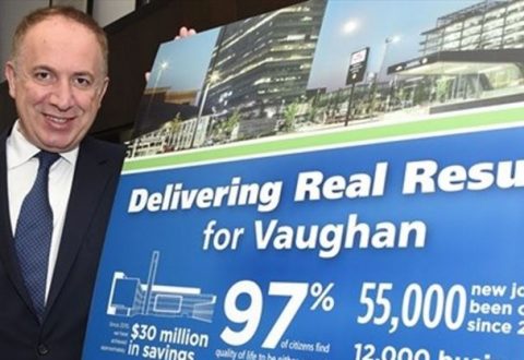 Vaughan Mayor Maurizio Bevilacqua with a sign saying "Delivering real results for Vaughan"